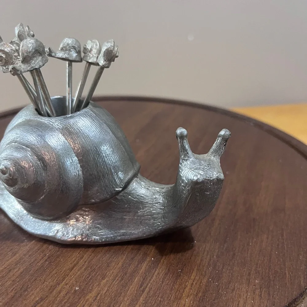 Vtg Silver Metal Snail Cocktail Pick Set 8‎ Piece Appetizer Forks Cottagecore